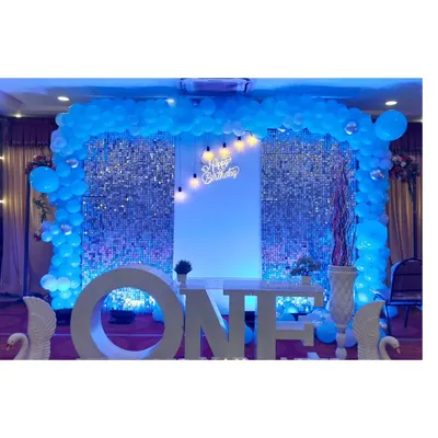 A stunning setup for a first birthday, featuring a large light-up 'ONE' sign as the centerpiece. The backdrop is a silver shimmer wall framed by a blue balloon arch, creating a cool, celebratory glow for the big milestone.