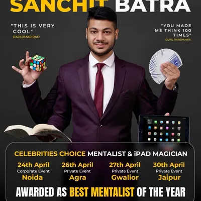 This poster highlights a packed week of shows, from a corporate event in Noida to private parties in Agra, Gwalior, and Jaipur. It's a testament to being the "Celebrities Choice" and the "Best Mentalist of the Year."