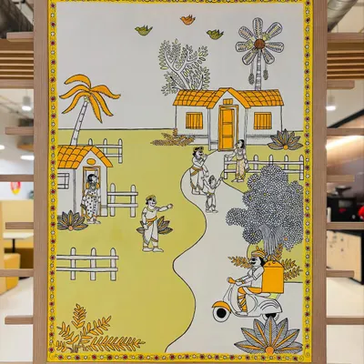 The final canvas I painted for Amazon's new Hyderabad office, beautifully framed and installed. The theme blends a traditional Indian village scene with the modern reality of e-commerce, telling a unique story for the workspace.