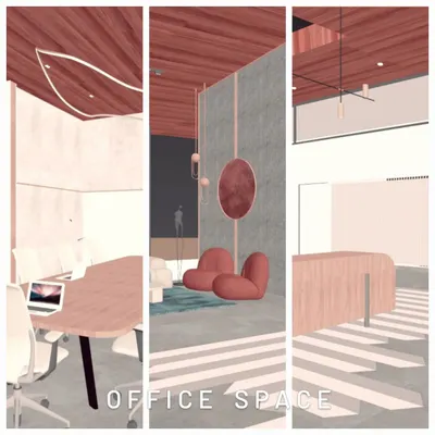 This 3D render for a minimalist office space shows a variety of zones, including a formal meeting area, a casual lounge with modern seating, and a reception desk. The design prioritizes clean lines and an uncluttered feel.