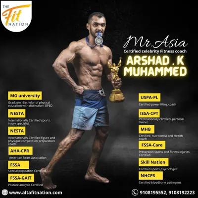 We are proud to have certified celebrity fitness coach Arshad.K Muhammed on our team. This graphic details his extensive certifications and competitive achievements, reflecting the high level of expertise available at our gym.