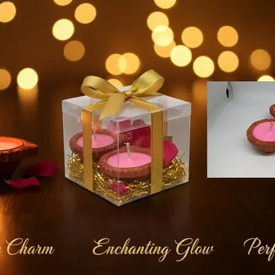 This is a gift set of my hand-poured diya candles, perfect for Diwali. They are made with clean-burning wax, offering a beautiful and sustainable alternative to traditional oil diyas for your festive celebrations.