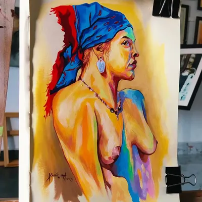 A vibrant and expressive nude portrait of a woman in profile. This piece, completed in just 30 minutes, uses a bold color palette to sculpt the form and convey a sense of strength and beauty.