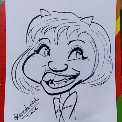 A cute and funny caricature of a woman with a playful wink and short hair.