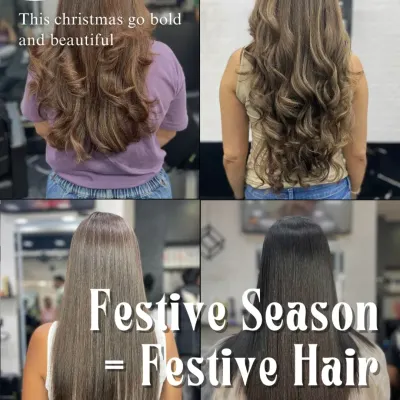 Festive season means festive hair. This collage shows a variety of looks perfect for any celebration, from soft waves to sleek, straight styles. I can create the perfect look for your special occasion.