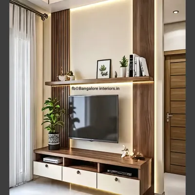 A floating TV unit in a two-tone wood and white finish. The design incorporates vertical wood fluting and LED strip lighting for a dramatic effect, with a mix of open shelves and closed drawers for versatile storage.