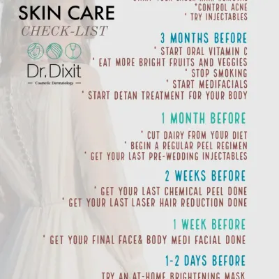 Here is a sample bridal skincare checklist. The key is to start early. I recommend beginning treatments like laser hair removal and acne control 6 months before, and then scheduling peels and medi-facials closer to the date for that perfect glow.