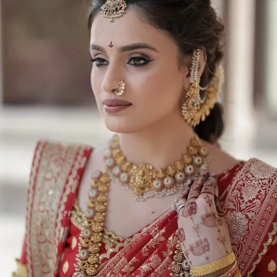 A close up of my beautiful bride Daneshwari. Her look features classic winged eyeliner and soft contouring to define her features, paired with traditional gold jewellery for a truly royal feel.