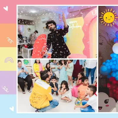 A collage from a rainbow-themed party, showing a magician captivating an audience of children with a dazzling performance.