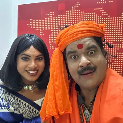 A funny expression while in costume as a swamiji, posing with my co-star. We call this look 'Raghu Ragini'.