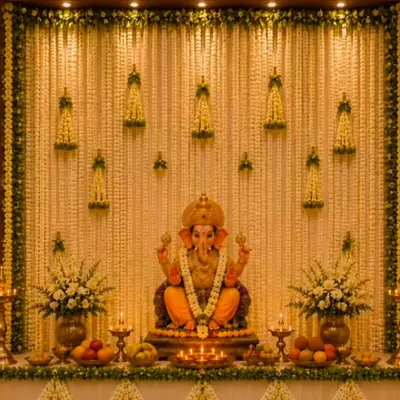 This is a detailed floral backdrop I created for a Ganesha festival. The design uses vertical strings of tuberose flowers to create a curtain effect, accented with small floral bouquets.