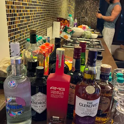 A fully stocked bar for a private birthday party. We bring a wide selection of spirits and mixers to your home, so you have everything you need for a fantastic celebration.