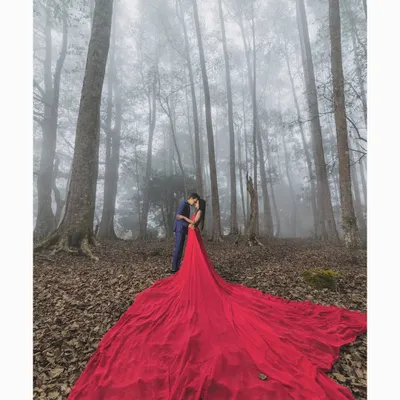 A duplicate of ID 12, this epic shot in a foggy forest is the perfect example of an adventurous pre-wedding shoot. The dramatic red gown against the tall trees creates a truly unforgettable image.