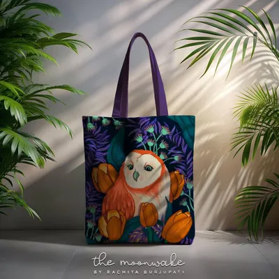 My 'Wild & Blooming' owl illustration on a canvas tote bag. The rich, dark colors and whimsical design make it a unique accessory.