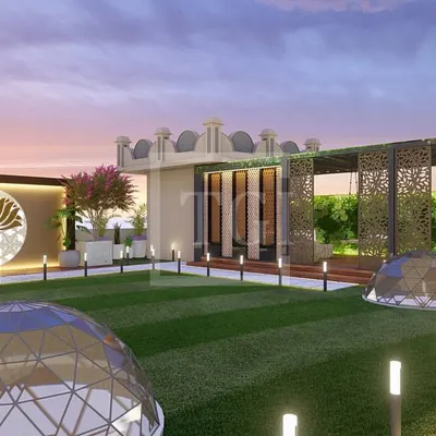 A comprehensive 3D render for a Rajasthani-modern themed project in Jaipur. This view shows the integration of a large lawn, a contemporary gazebo with intricate screens, a feature wall, and unique dome-like seating, demonstrating our ability to plan large, multi-element spaces.