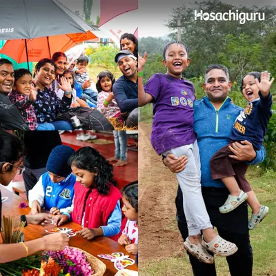 A collage of happy families and children enjoying various activities on the farm, showcasing the vibrant community life.