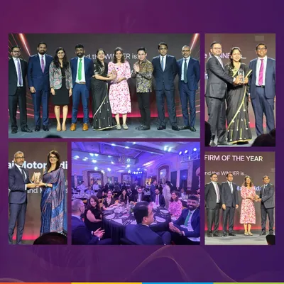 A collage from the Asian Legal Business India Law Awards 2025, where we were honored with multiple awards, including 'India Law Firm of the Year' and 'Restructuring & Insolvency Law Firm of the Year'. Our team is pictured accepting the awards, celebrating our collective success.