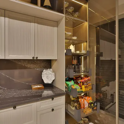 A look inside a tall pantry unit, a cornerstone of a well-organized kitchen. The pull-out mechanism brings everything from snacks to staples into easy view, making the most of vertical space and eliminating hard-to-reach back corners.