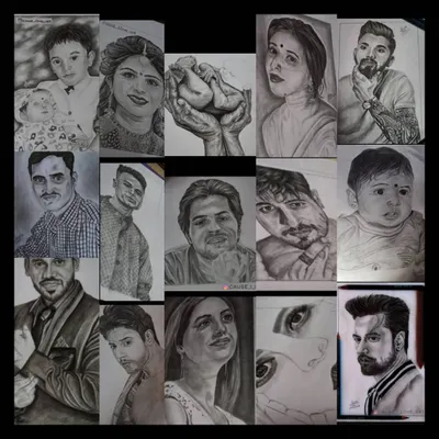 A collage showcasing a year of my artistic growth. It features a wide variety of commissioned portraits, from babies and couples to individual sketches.