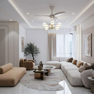 A 3D render of a modern luxury living room where elegance meets comfort. The design features a large sectional sofa in soft beige tones and a harmonious palette of white, beige, and gold accents.