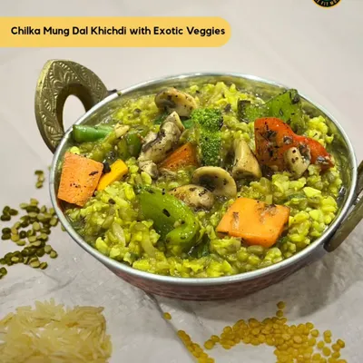 This isn't your regular khichdi. It's my Chilka Mung Dal Khichdi with Exotic Veggies, packed with fiber, protein, and gut-friendly goodness. It's a guilt-free indulgence.