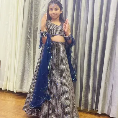 My adorable young client looking like a star in a sequined navy blue lehenga. I love providing beautiful outfits for all ages.