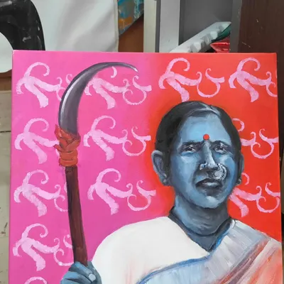 The full view of "Sickle," from my "Violent Women" series. This 2 by 2 feet acrylic on canvas portrays a woman farm laborer, reimagining the sickle not just as a tool of agriculture, but as an instrument of power and rage against injustice.