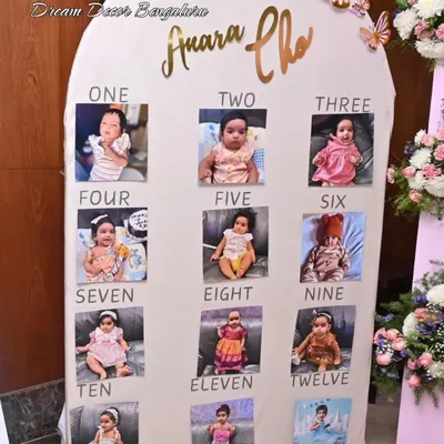 A personalized 'One Year Of' photo board is a heartwarming addition to any first birthday. This one was for a dreamy 'Onderland' party, showcasing the baby's monthly milestones.