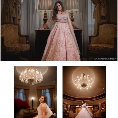 A collage showcasing the bride's stunning lehenga and the opulent decor of The Leela Palace, including the grand chandeliers.