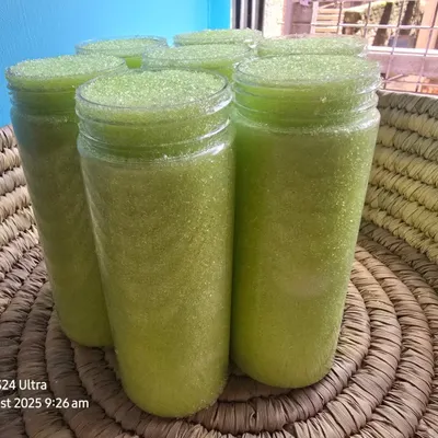 Jars of my vibrant green Stress Relief Bath Salt. This Lemongrass blend is perfect for a mood-boosting soak, helping to detox the skin and even relieve period cramps.