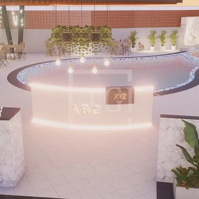 A 3D render of a proposed hotel project in Bhubaneswar, featuring a glowing reception desk for a poolside lounge. This design focuses on creating a high-impact first impression for guests entering the fine dining or bar area.