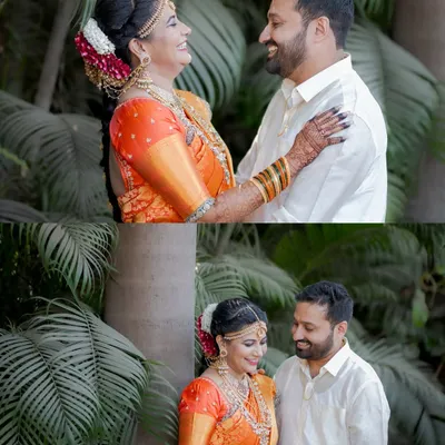 A collage of a happy South Indian couple, capturing their laughter and loving interactions in a lush, green setting.