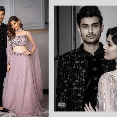 For the couple that wants their twinning game on point. This black embroidered Indo-western for him and the complementary lilac lehenga for her is a perfect match for a modern reception.