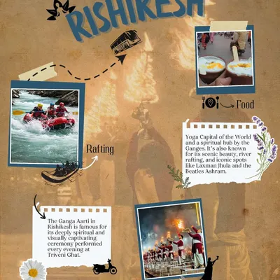 A collage of everything Rishikesh has to offer. From the spiritual Ganga Aarti to thrilling white-water rafting and amazing local food, it's the perfect blend of peace and adventure.