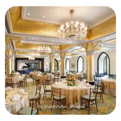 The timeless grandeur of the Taj Mahal Palace, Mumbai. We are proud to partner with this iconic venue to host legendary weddings in its magnificent, gold-leafed ballrooms.