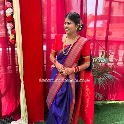 A full view of a perfectly draped Nauvari saree. I ensure the pleats are neat and the fit is comfortable, allowing you to move with ease during any event.