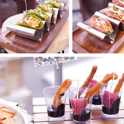 A collage showcasing some of my popular bite-sized offerings. It features colorful tacos in a modern stand and churros with chocolate dip, perfect for any celebration.