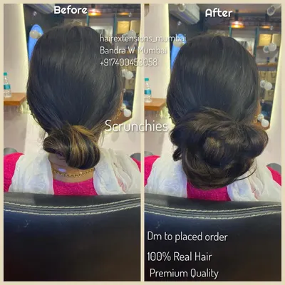 This before and after image demonstrates the effectiveness of our hair bun scrunchie. It provides an instant, significant increase in volume for a natural and full messy bun style. All our products are 100% real hair.
