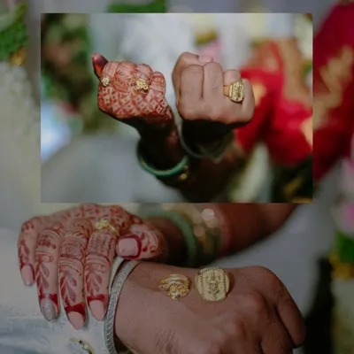 A creative collage celebrating the ring ceremony. This shot beautifully showcases the newly exchanged rings on both the bride's and groom's hands, marking the official start of their journey together.