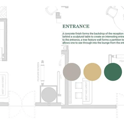 A floor plan of the entrance for 'The Reserved Lounges' at Bangalore International Airport. This drawing shows the layout of the reception, partition walls, and initial seating area, along with the proposed color palette.