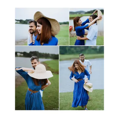 A collage showcasing a fun and breezy pre-wedding shoot by the lake. The couple's playful interactions and the wide-open natural scenery create a feeling of freedom and joy.