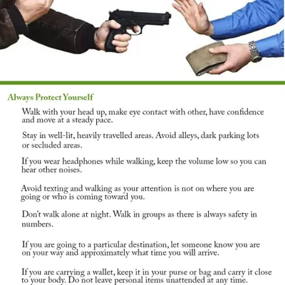 Your safety starts with awareness. This tip sheet covers essential habits like walking with confidence, avoiding distractions, and staying in well-lit areas to reduce your risk of becoming a target.