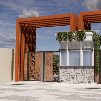 A design for a grand and modern entrance gate, featuring a combination of wood-look slats and custom metalwork with a tree motif. The structure provides security while making a bold architectural statement.