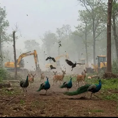 A heartbreaking image of wildlife fleeing as their forest home is destroyed by machinery. This is the silent tragedy that unfolds every day in the name of progress. We are not just cutting trees; we are erasing entire ecosystems.