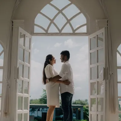 A beautiful silhouette shot of a couple framed by large, white arched doors. This image has a grand and romantic feel, using the architecture to create a stunning composition.