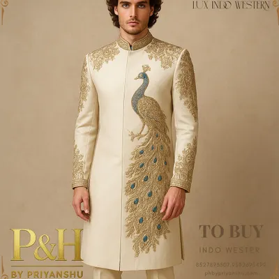A full view of my signature peacock-embroidered Indo-Western suit. Crafted from pure silk, this piece is a masterpiece of hand-embroidery and design, perfect for the groom who desires a truly unique and regal wedding day look.