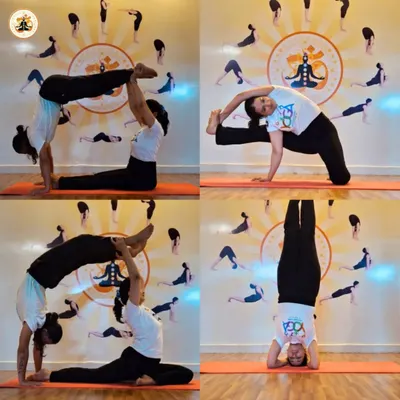 This collage captures the essence of our advanced practice: partner acrobatics, deep flexibility poses like Visvamitrasana, and stable inversions like Sirsasana (Headstand).