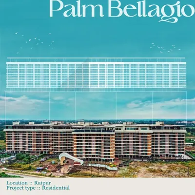 The Palm Bellagio in Raipur, a completed project where we used contrast as a central theme. The organic, wave-like form of the building plan is contrasted with the linear, rhythmic pattern of the elevation, creating a dynamic and visually striking identity.