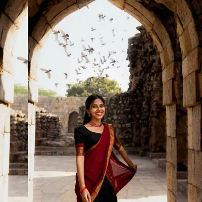 A full-length portrait at Qutub Minar, using the stone archway as a natural frame. We arrived early to get soft morning light and avoid crowds, which is a key part of planning a successful outdoor portrait shoot.
