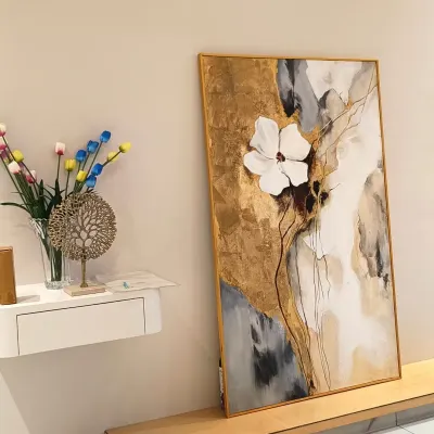 Beyond wall murals, I also create custom 3D paintings on canvas. This piece features a sculpted flower on a textured background with gold leaf accents, offering a beautiful, movable piece of art for any space.
